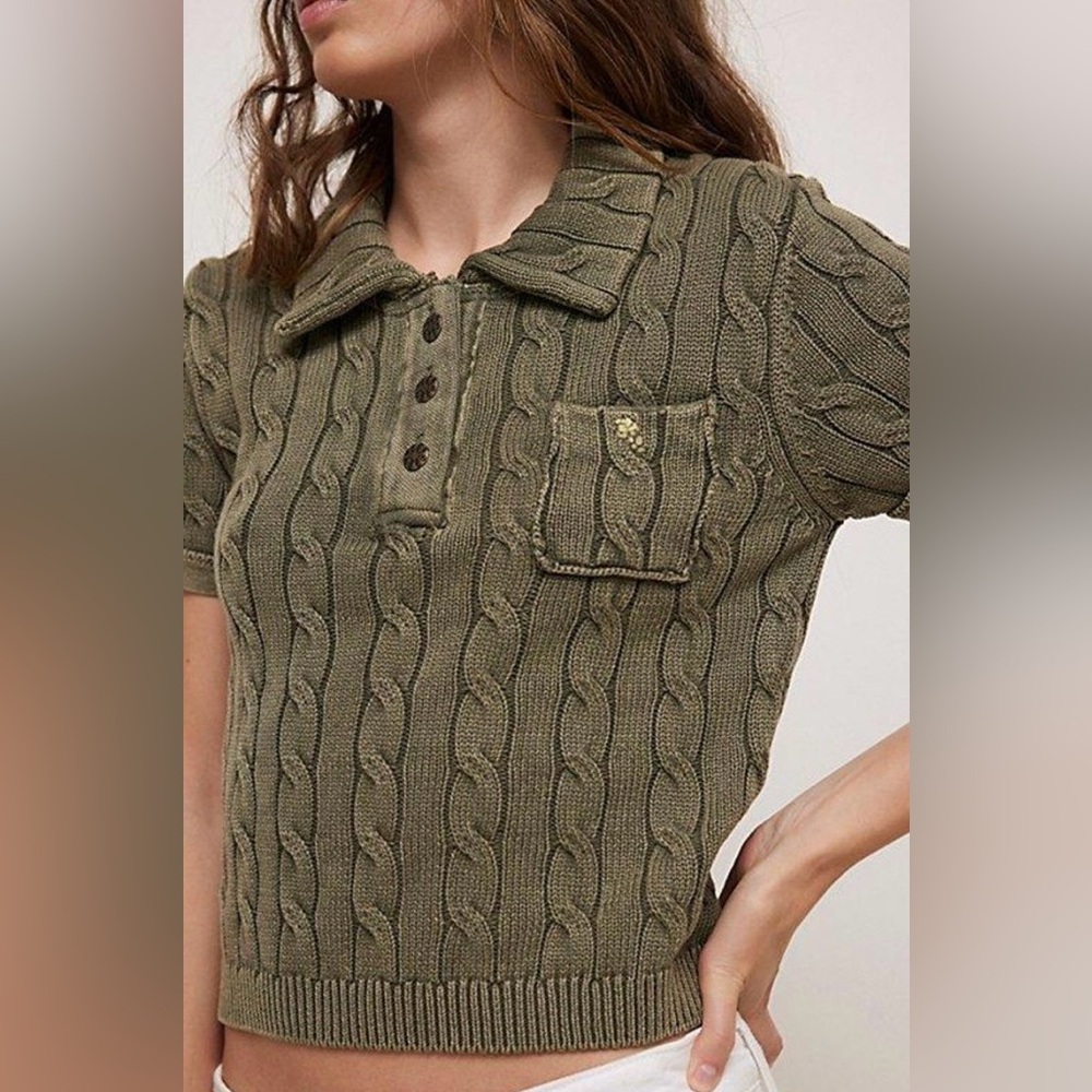 NWT FREE PEOPLE POCKET POLO SWEATER TOP SEAWEED